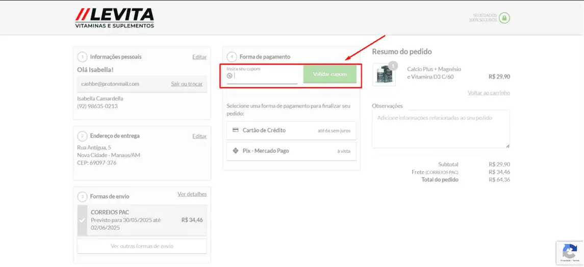 Onde inserir cupom de desconto Levita