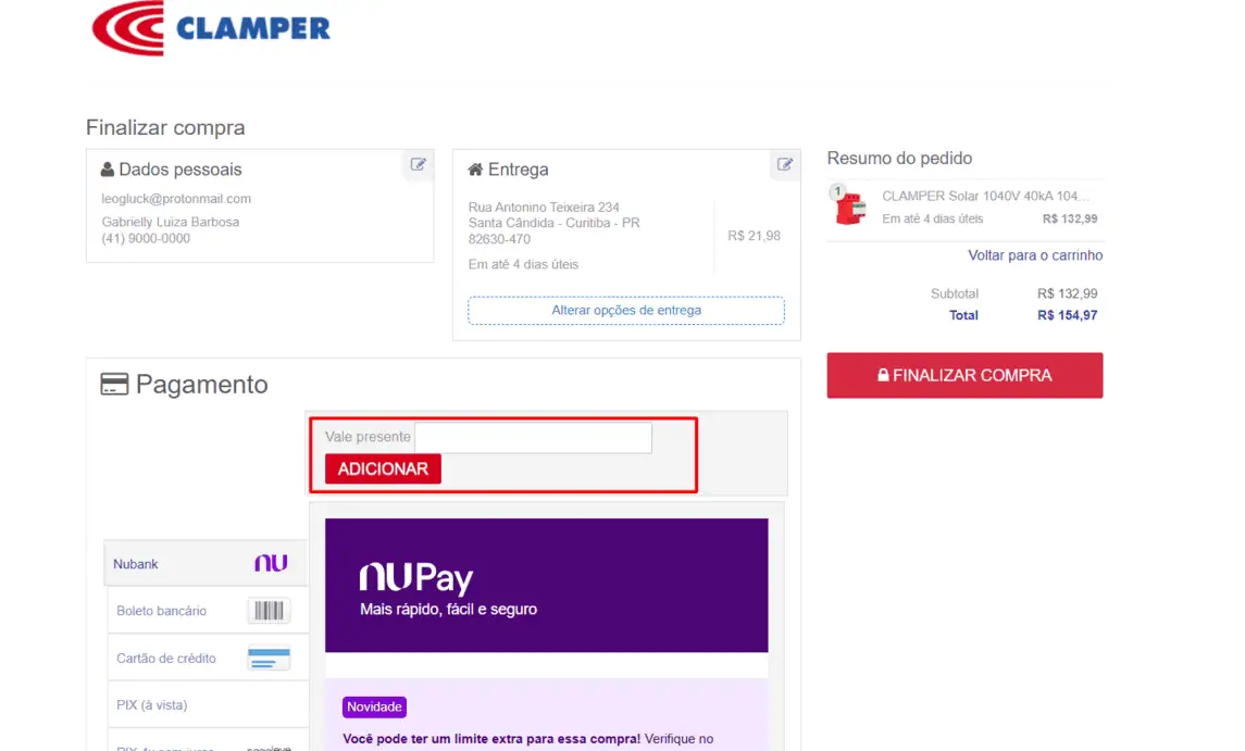 Onde inserir cupom de desconto Loja Oficial Clamper