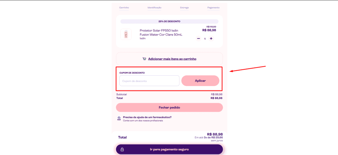 Onde inserir cupom de desconto Mevo Farma