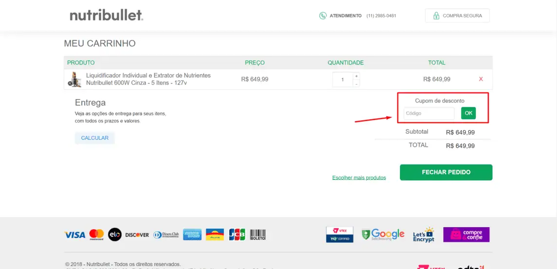Onde inserir cupom de desconto NutriBullet