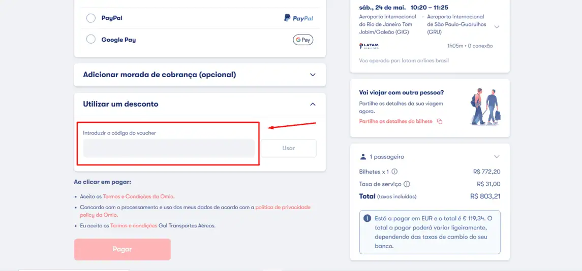Onde inserir cupom de desconto Omio