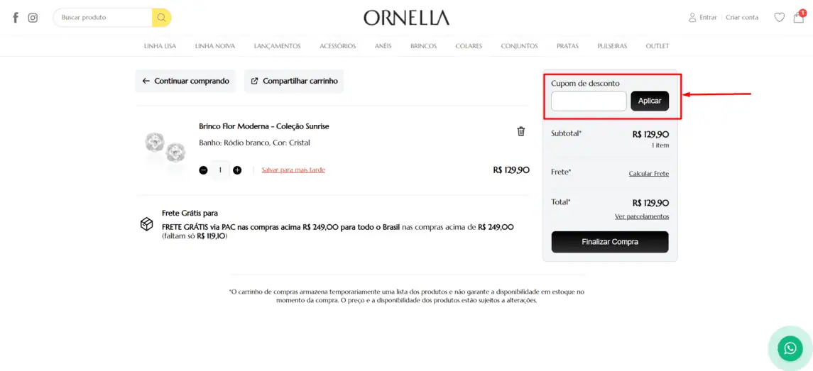 Onde inserir cupom de desconto ORNELLA
