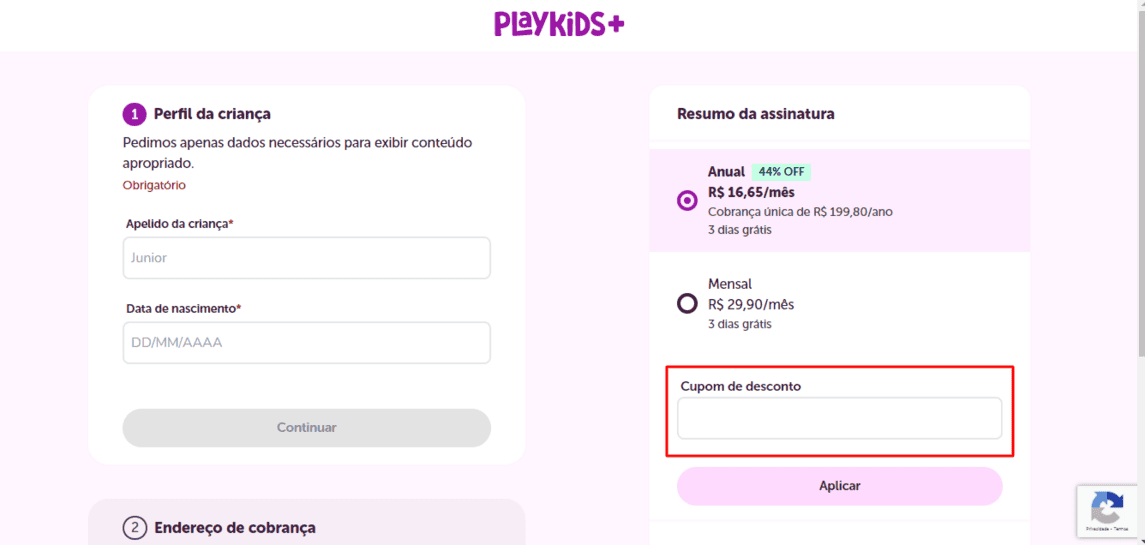 Onde inserir cupom de desconto Playkids