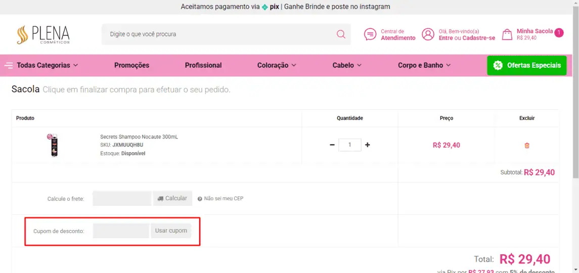 Onde inserir cupom de desconto Plena Cosméticos