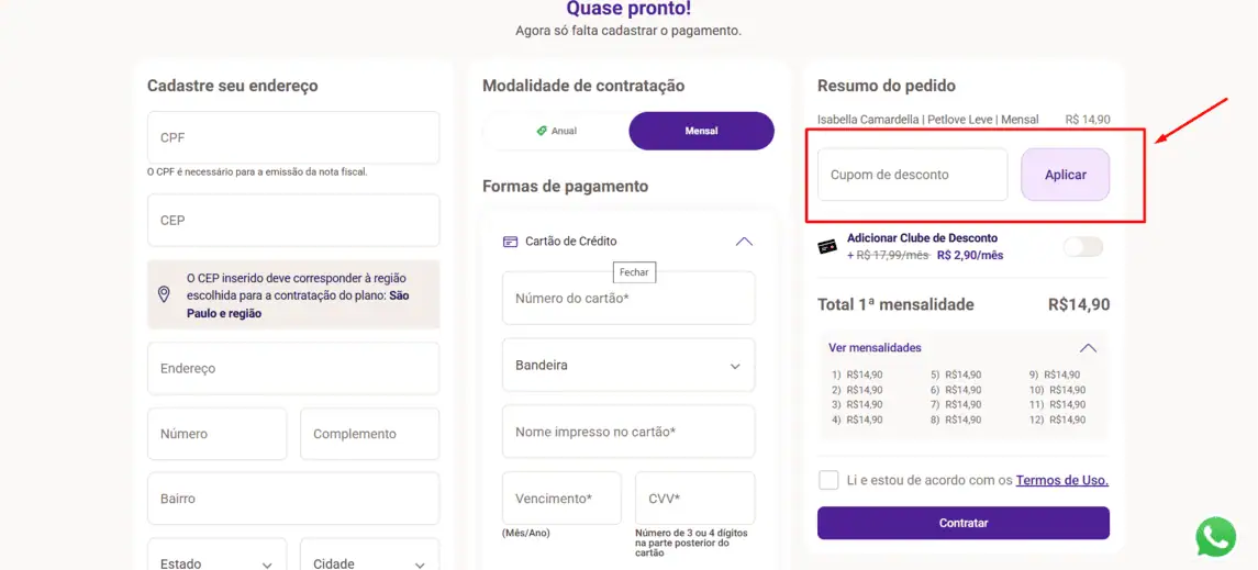 Onde inserir cupom de desconto Porto Seguro Pet