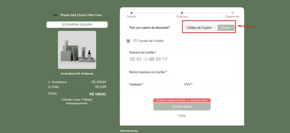 Onde inserir cupom de desconto Proper Jack