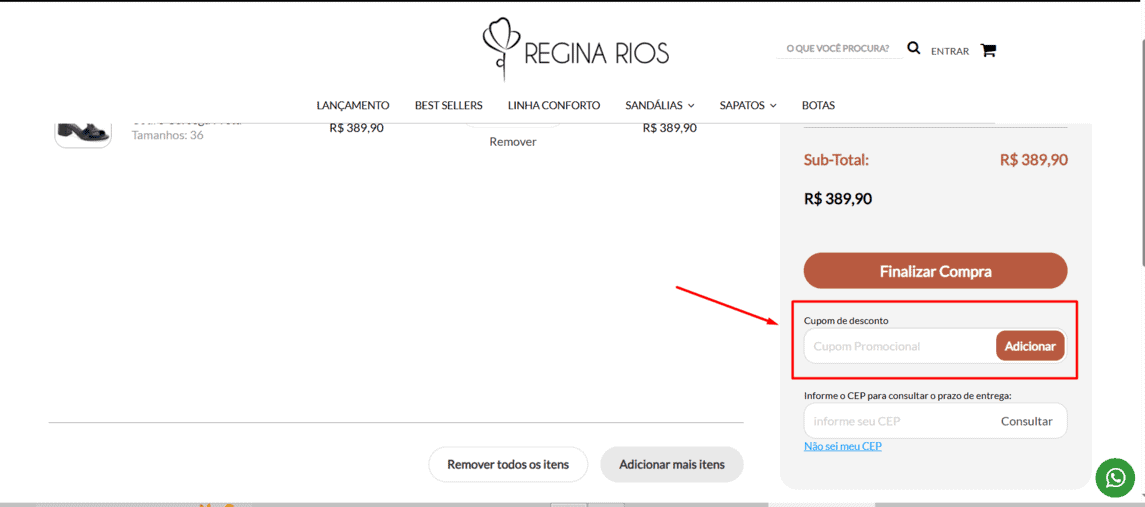 Onde inserir cupom de desconto Regina Rios