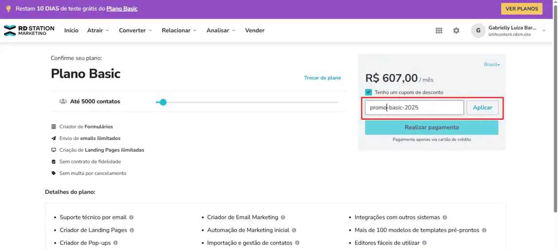 Onde inserir cupom de desconto Resultados Digitais