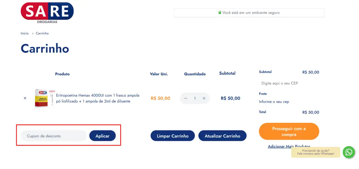 Onde inserir cupom de desconto Sare Drogarias