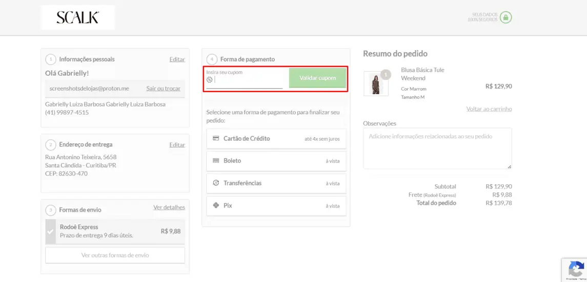 Onde inserir cupom de desconto Scalk
