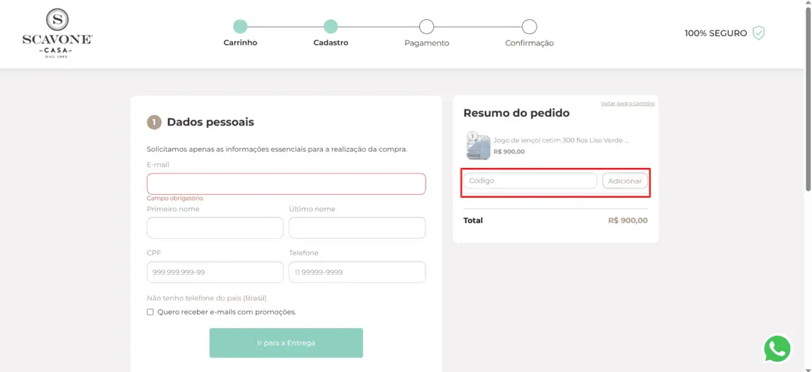 Onde inserir cupom de desconto Scavone Casa