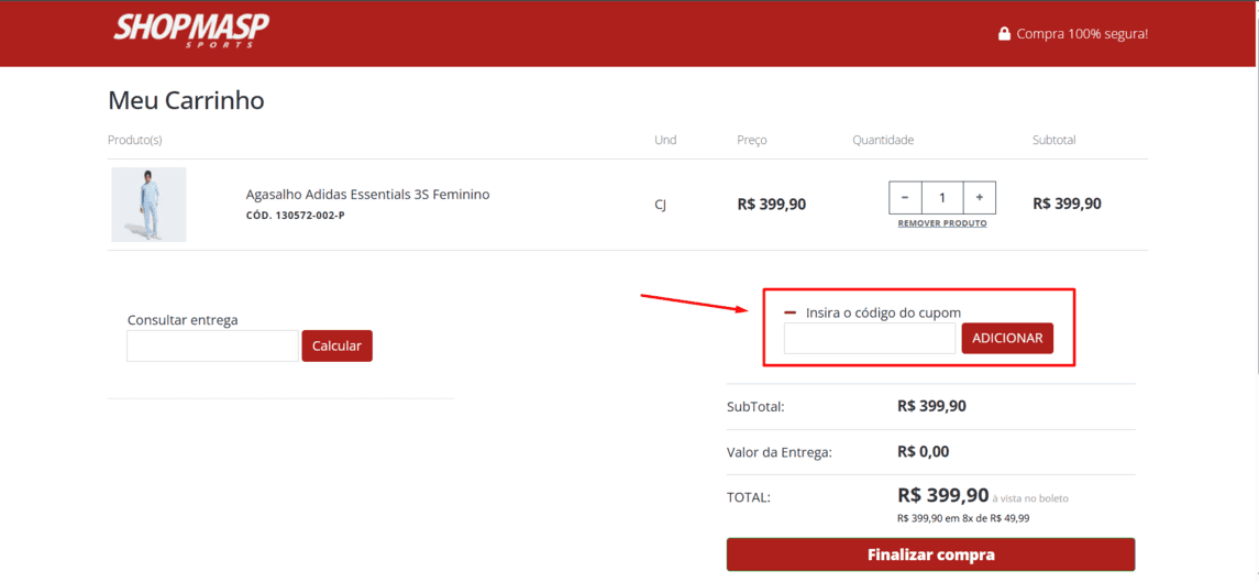 Onde inserir cupom de desconto Shop Masp