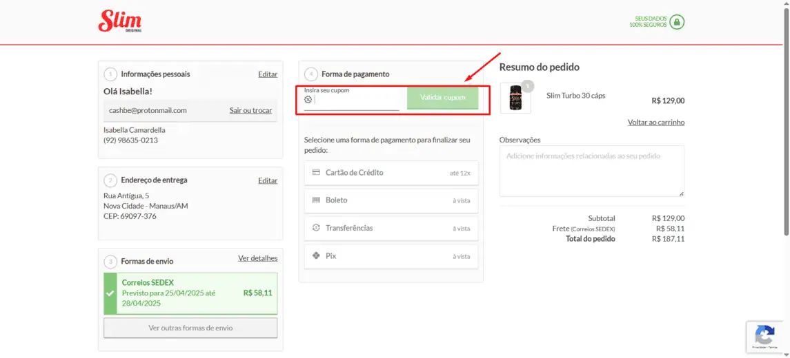 Onde inserir cupom de desconto Slim Caps