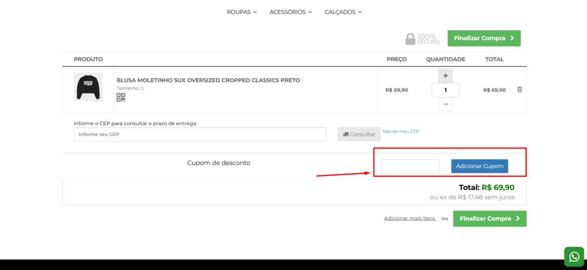 Onde inserir cupom de desconto Sux Shop