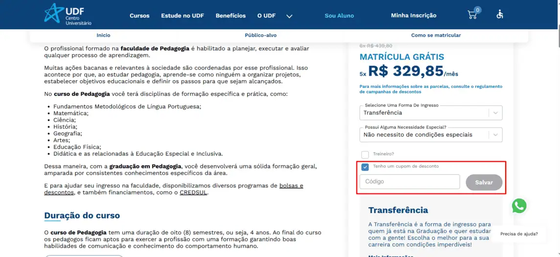 Onde inserir cupom de desconto UDF - Centro Universitário do Distrito Federal