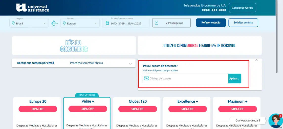 Onde inserir cupom de desconto Universal Assistance