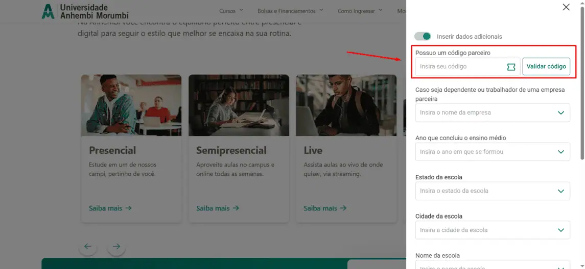 Onde inserir cupom de desconto Universidade Anhembi Morumbi