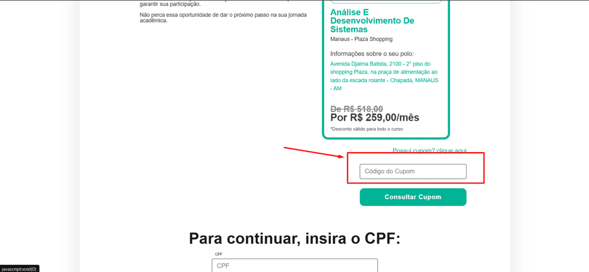 Onde inserir cupom de desconto Universidade Anhembi Morumbi EAD