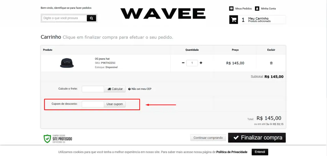 Onde inserir cupom de desconto Wavee