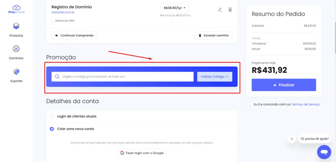 Onde inserir cupom de desconto StayCloud