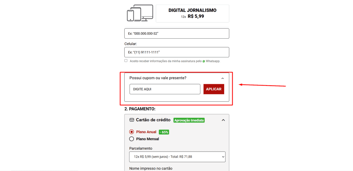 Onde inserir cupom de desconto VEJA