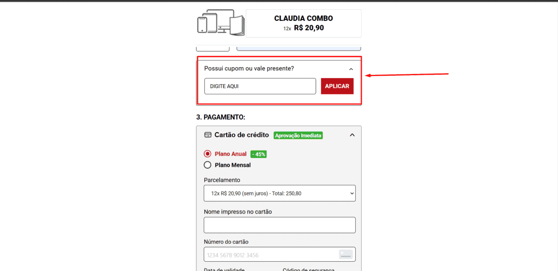 Onde inserir cupom de desconto CLAUDIA