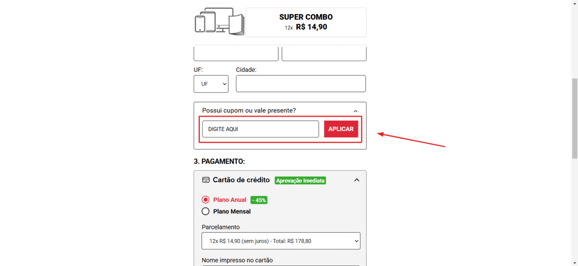 Onde inserir cupom de desconto Super