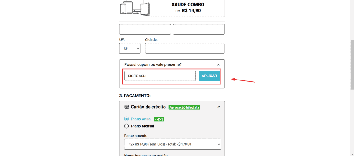 Onde inserir cupom de desconto Saúde