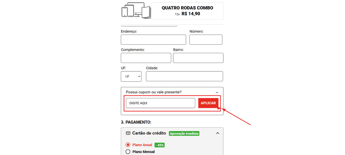 Onde inserir cupom de desconto Quatro Rodas