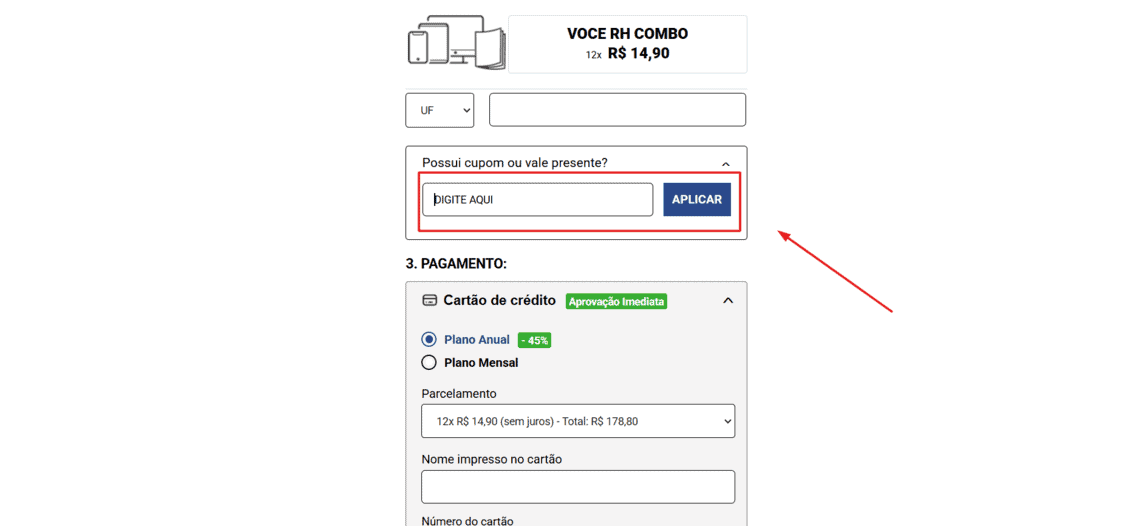 Onde inserir cupom de desconto Você RH