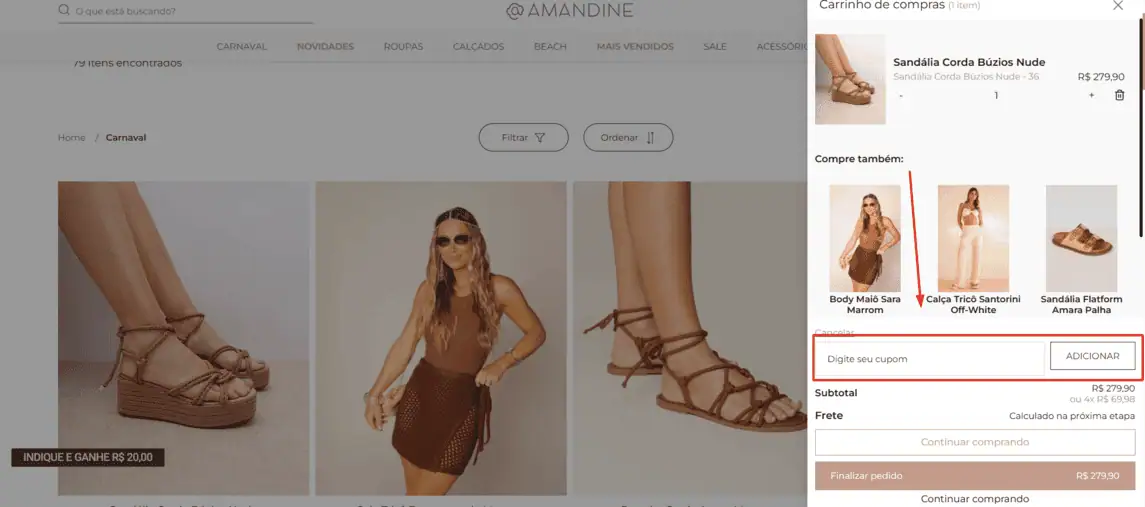 Onde inserir cupom de desconto AMANDINE