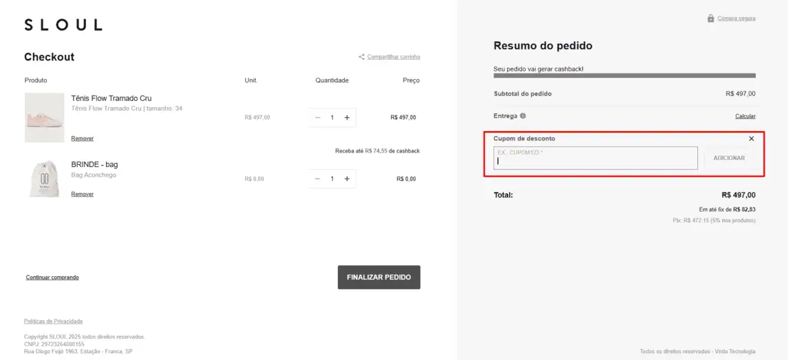 Onde inserir cupom de desconto SLOUL