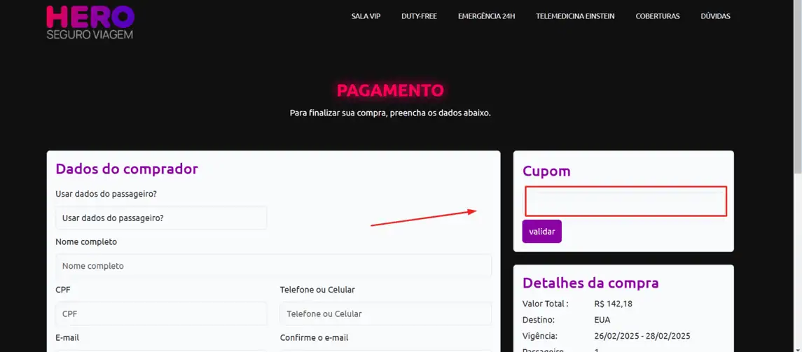 Onde inserir cupom de desconto Hero Seguro Viagem