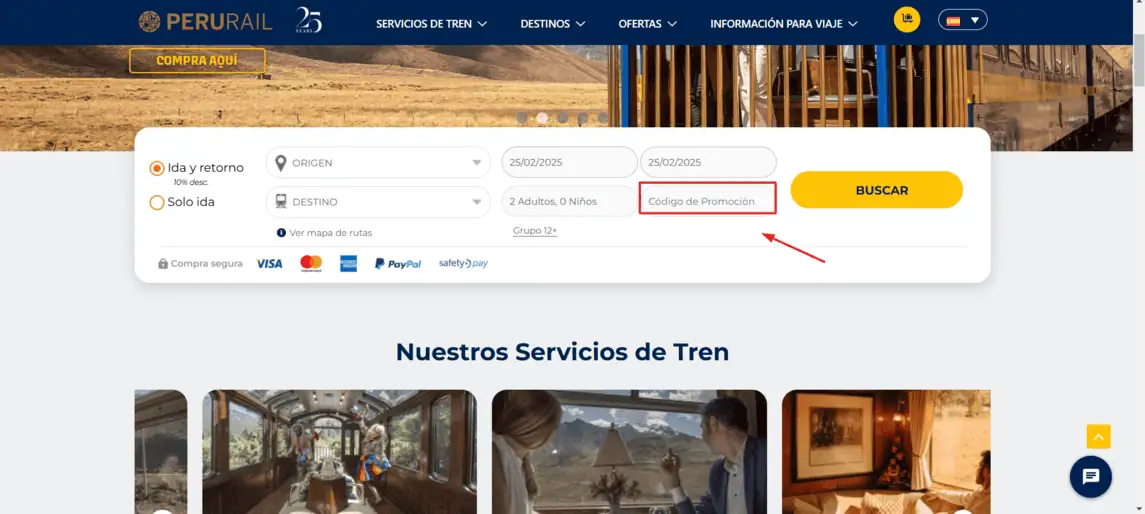 Onde inserir cupom de desconto PeruRail