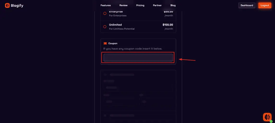 Onde inserir cupom de desconto Blogify