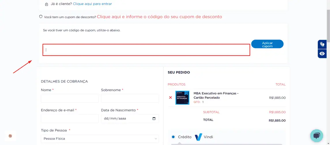 Onde inserir cupom de desconto Galícia Educação