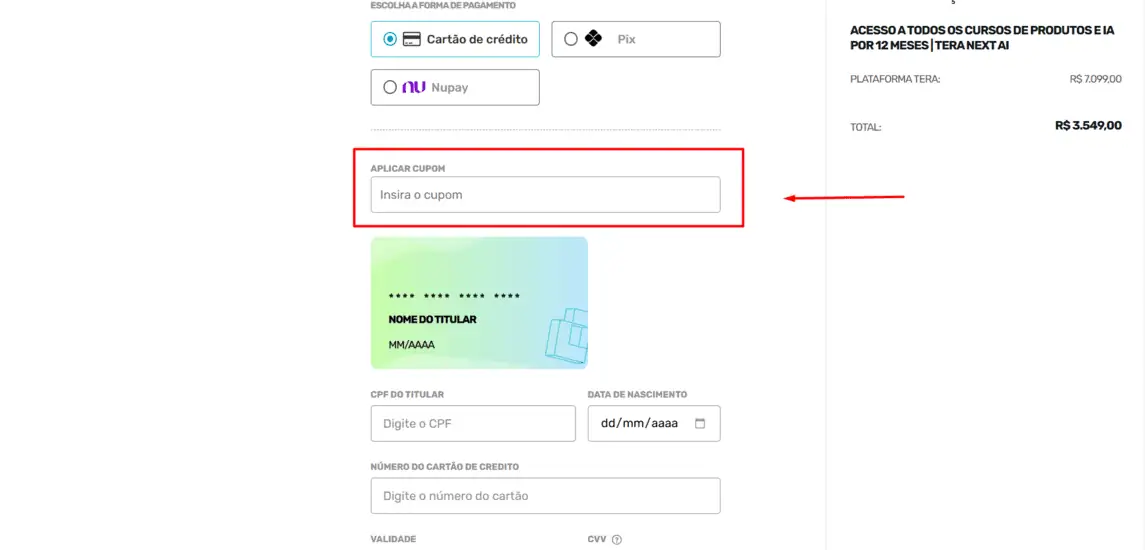 Onde inserir cupom de desconto Tera