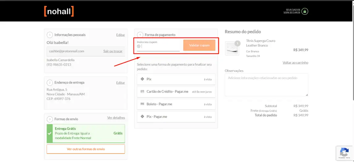 Onde inserir cupom de desconto Nohall