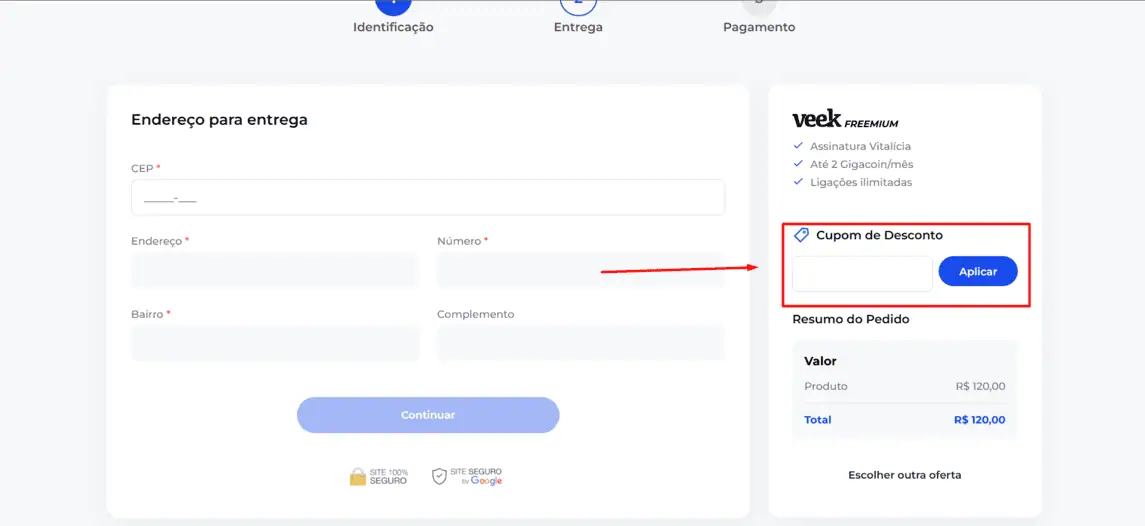 Onde inserir cupom de desconto Veek