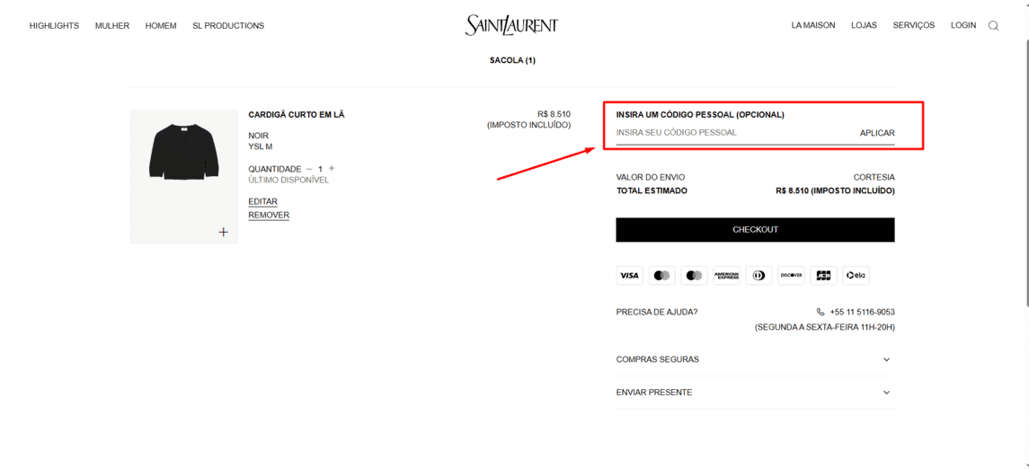 Onde inserir cupom de desconto Yves Saint Laurent