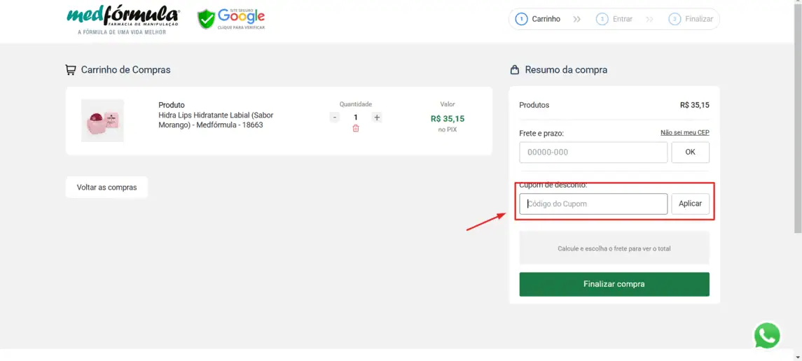 Onde inserir cupom de desconto Medformula
