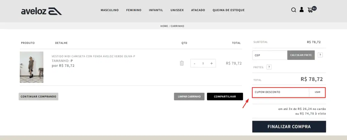 Onde inserir cupom de desconto Aveloz Moda