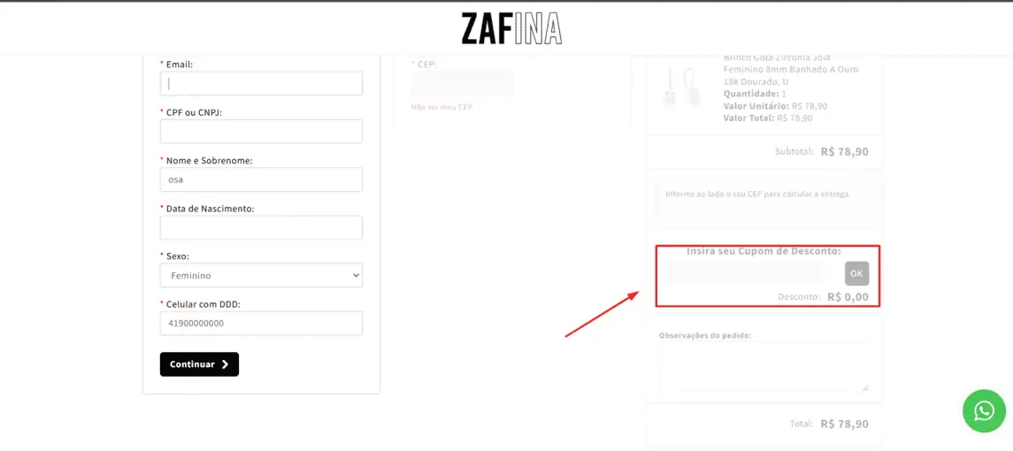 Onde inserir cupom de desconto ZAFINA