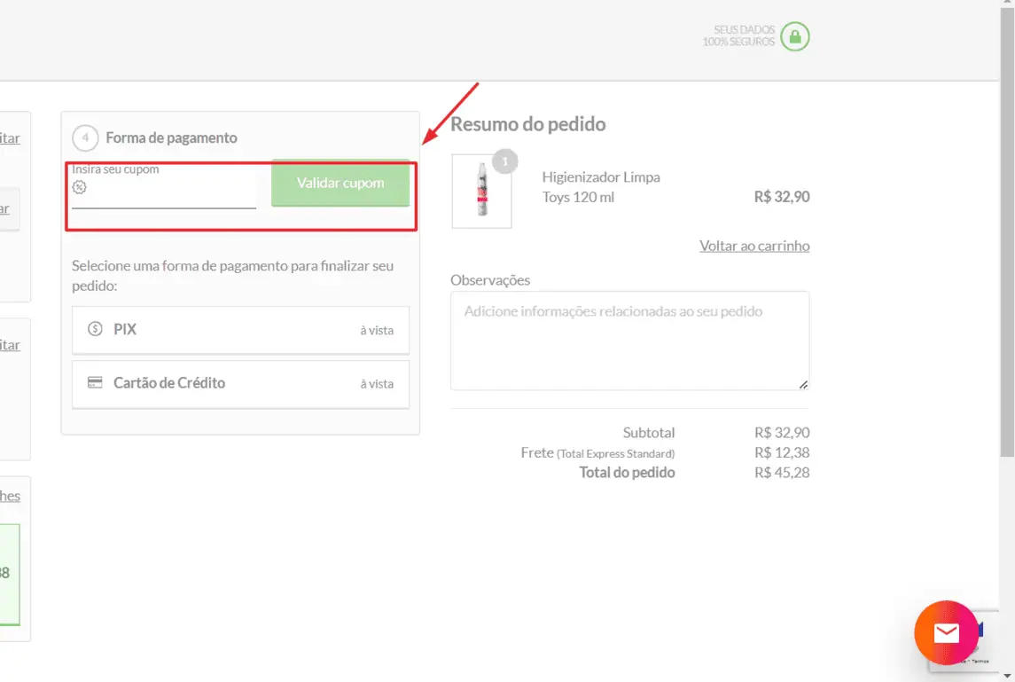 Onde inserir cupom de desconto Essence Sex Shop