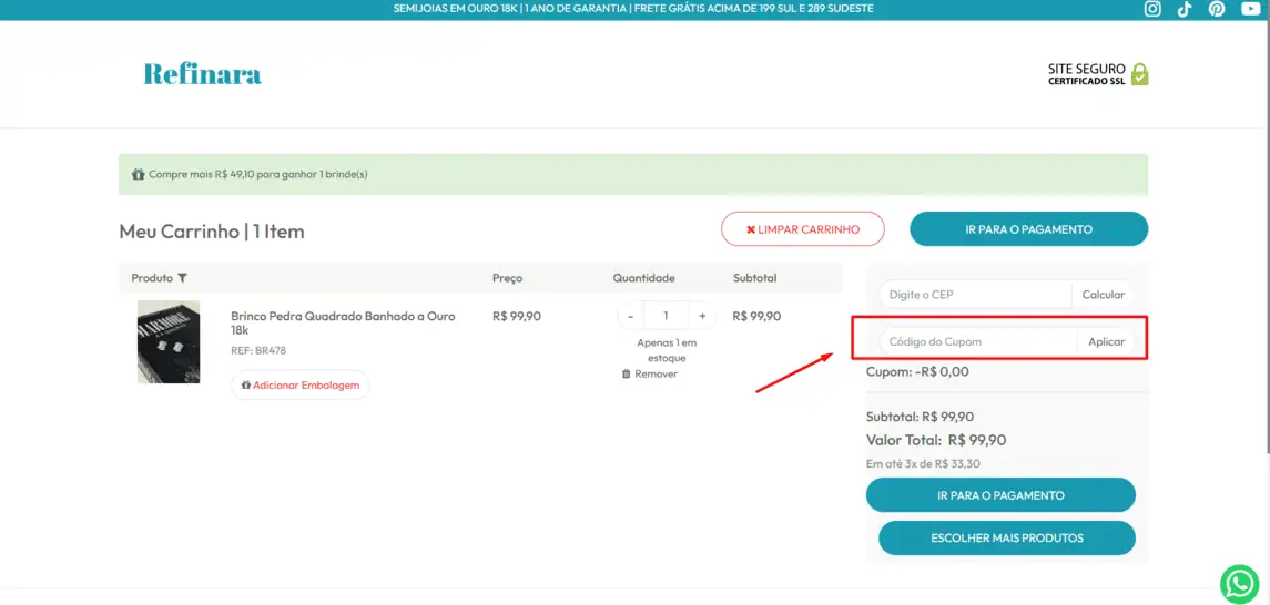 Onde inserir cupom de desconto Refinara Joias
