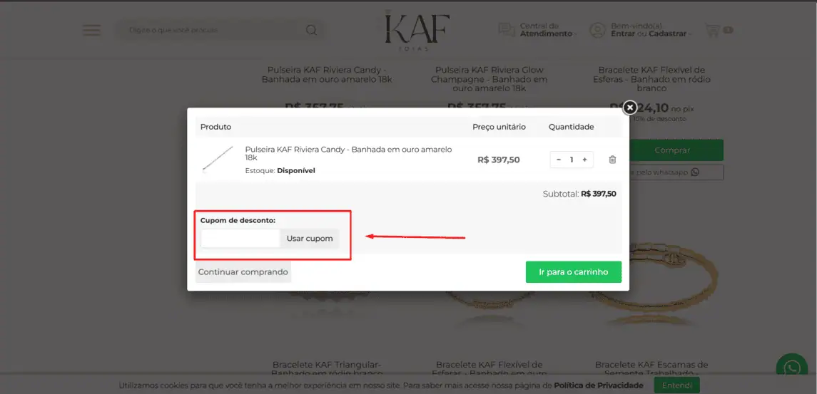 Onde inserir cupom de desconto KAF Joias