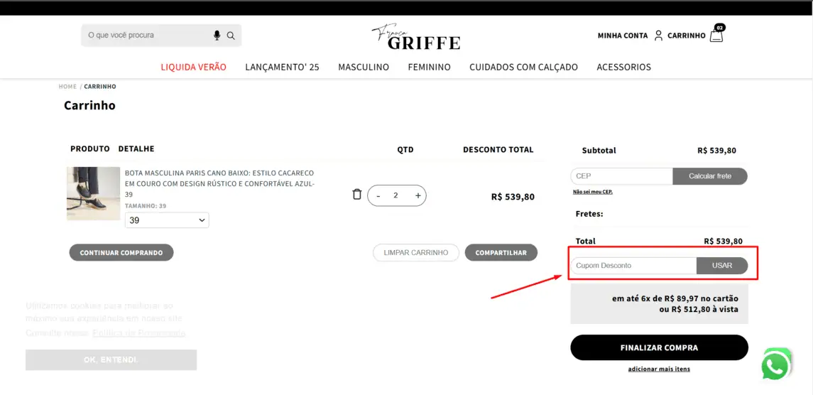 Onde inserir cupom de desconto Franca Griffe