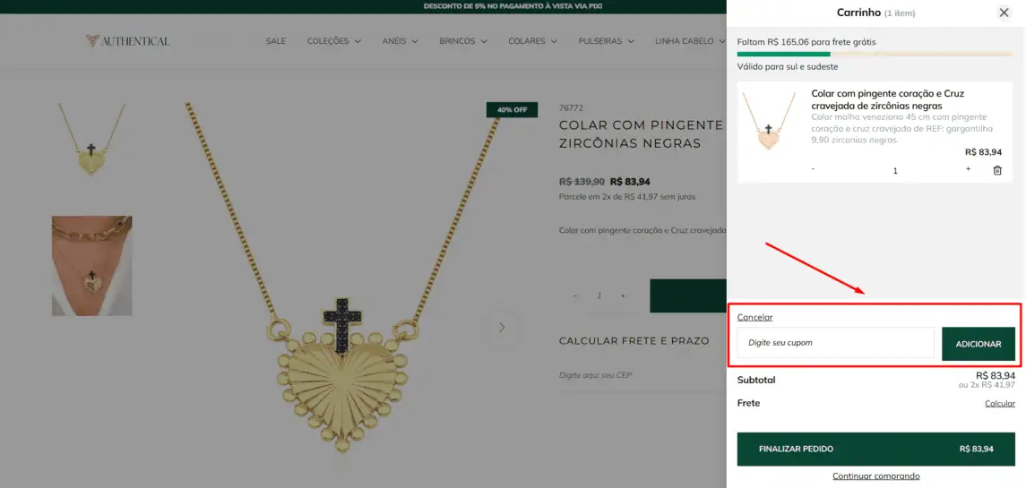 Onde inserir cupom de desconto Authentical