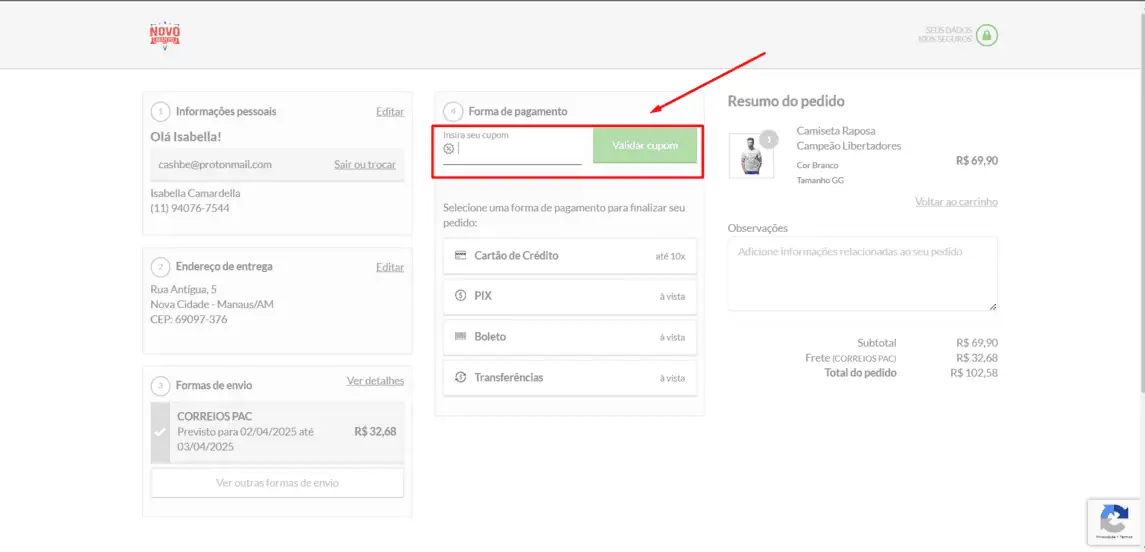 Onde inserir cupom de desconto Novo Manto