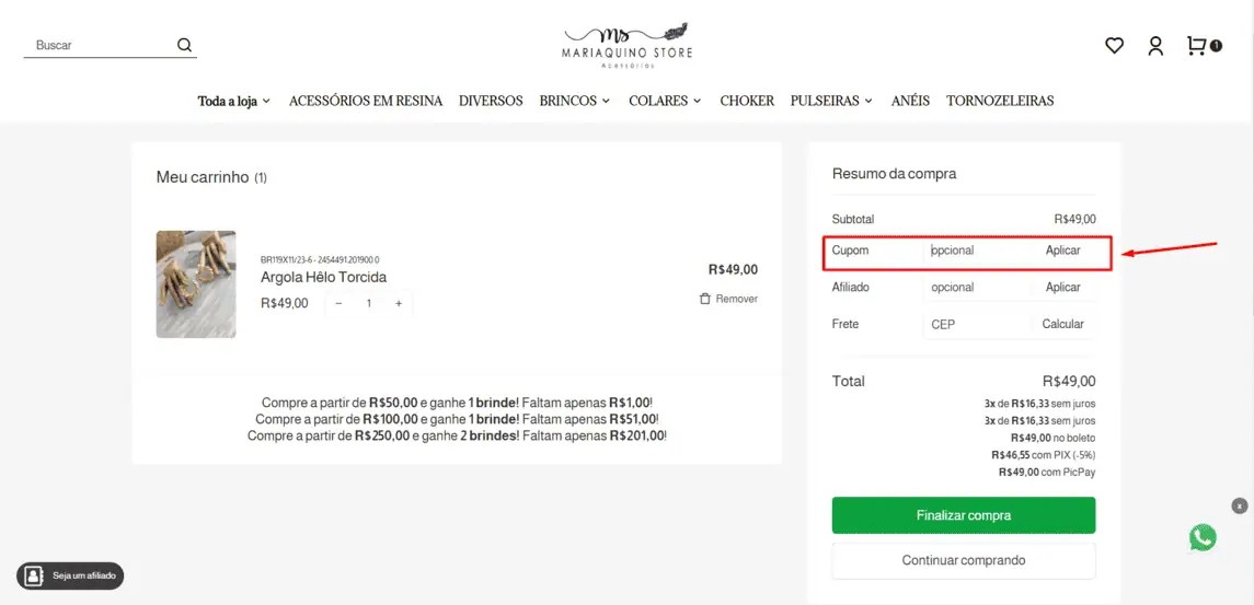 Onde inserir cupom de desconto Mariaquino Store